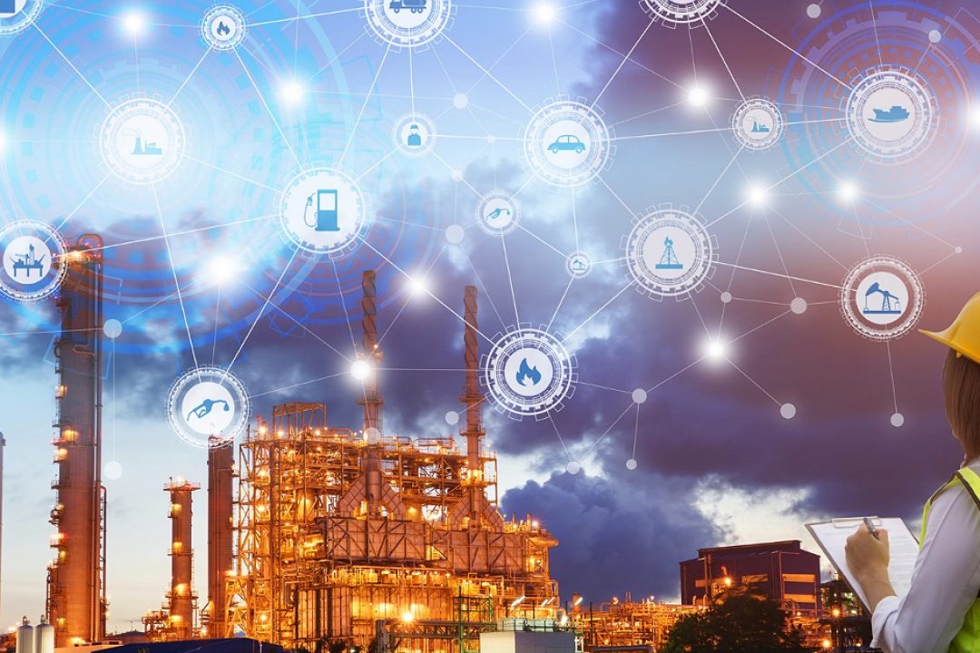 Industry 4.0 concept engineering use clipboard with checking and industrial icons on oil refinery industry sunset background.
